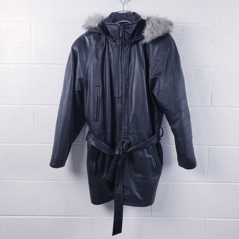 Wilsons Black Leather Jacket Zip Up Belted‎ Faux Fur Trim Hood Women's Medium